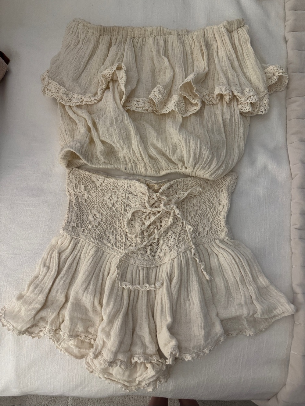Jen's Pirate Booty Cream Off-Shoulder Lace Romper